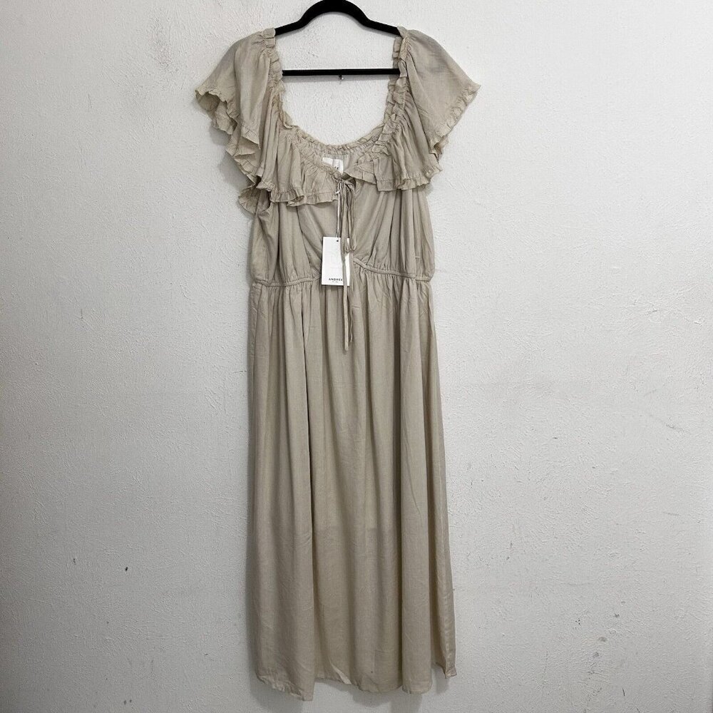 Andree By Unit Beige Maxi Long Dress Size 1X Off The Shoulder Ruffled Tie Front‎
